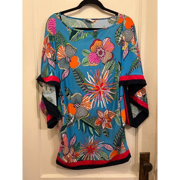 TRINA TURK Blue Floral Cover Up Blouse Shirt Top Women's Size Medium - Picture 2 of 7